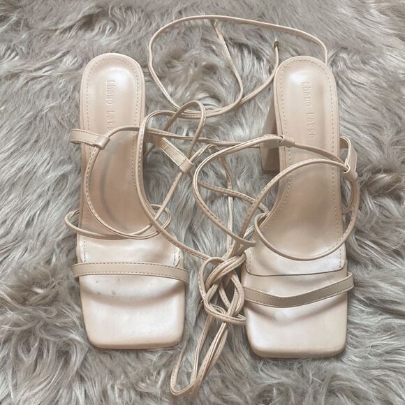 Lhamo Latso Lace Up Strappy Nude Block High Heels Square Open Toe Chunky Sandal - Picture 3 of 13